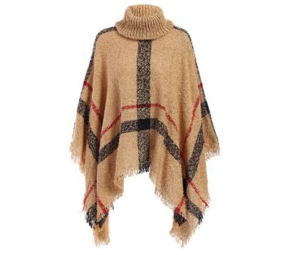 China Women Acrylic Ladies Large Size Winter Autumn Tortoise Neck Loose Warm Tassels Checked Shawls Cape for sale