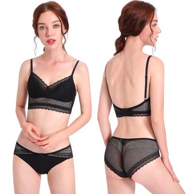 China Amazon Selling QUICK DRY Hot Summer Braided Ultrathin Pattern Wire Free Comfortable Seamless Backless Bra Set With Lace Panties for sale