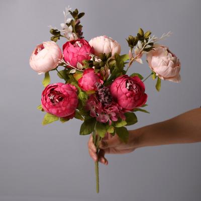 China Luxury popular European style artificial peony heads to wedding home decor 13 branches simulation ponies bouquet silk for sale