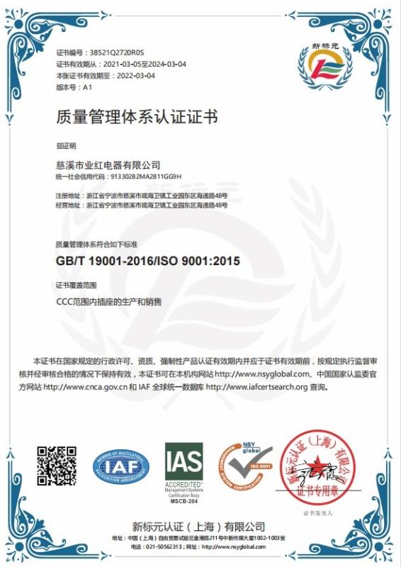 ISO9001 - Cixi Yehong Electric Appliance Co., Ltd.