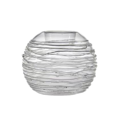 China Custom Hand-Blown Heat Resistant Daily Life Home Glass Ball Tea Light Candle Holder With Decorative Lines for sale