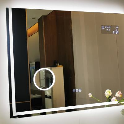 China 2022 Latest Model Bathroom Mirror Enlargement Led Lighted Vanity Mirror With Fog Light And Calendar Time-temperature Display for sale