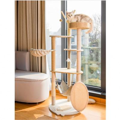 China Sustainable Cat Tree House Furniture Cat Climbing Tower Multilayer With Scratching Solid Wood Post for sale