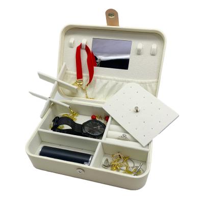 China Portable Leather Jewelry Travel Box Mirror PU Inside Velvet Drawer Organizer Earring Necklace Acrylic Jewelry Organizer With Hooks for sale