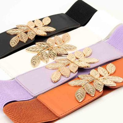 China 2023 Daily Life Metal Leaf Alloy Buckle Women's Belt Wide Elastic All-match Dress Fashion Stretch Belt for sale