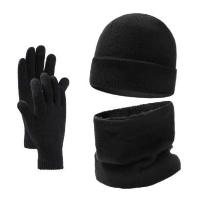 China Warm Wholesale Knitted Hat Scarf Three Piece Set Knitted Fleece Hat Waterproof for sale