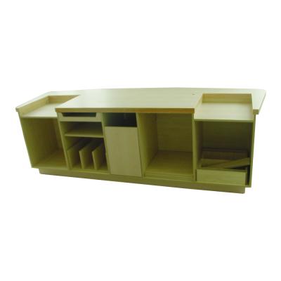 China Hot selling custom made wooden supermarket chain store u premium quality payment form table shop cashier checkout counter for sale