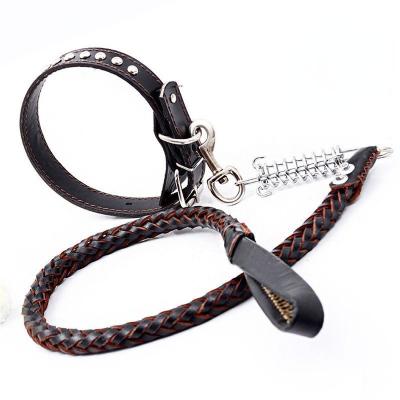 China Wholesale Dog Rivet Braided Leather Designer Collars And Custom Adjustable Spring Leashes for sale