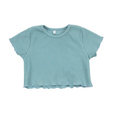 China Wholesale Boutique Kids Clothing Shorts Anti-Shrink Sleeve Ruffles O-Neck Babies Solid Ribbed Top for sale