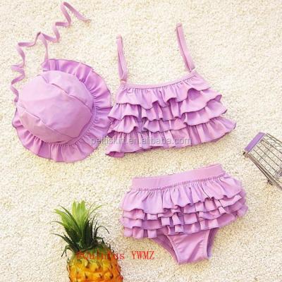 China Summer Breathable Cute Ruffle 3 Piece Swimsuit Babies Bikini Swimwear With Hat for sale