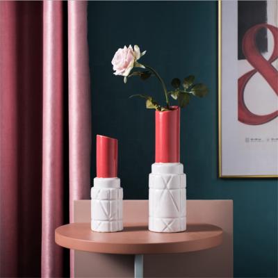 China 2020 New Product Lipstick Creative Minimalist Shape Vase Ceramic Flower Vases For TV Cabinet Decoration for sale