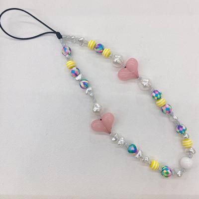 China PC1092 Hot Sale 90s Style Rainbow Acrylic Stripe and Bead Beaded Heart Acrylic Beads Charm Cell Phone Strap Buckle Chain Charms for sale