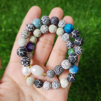 China Trendy BB1028 Vinyl Genuine Freshwater Pearl Beaded Polymer Clay Round Beads Bohemian Bracelets Rainbow Bracelets for sale