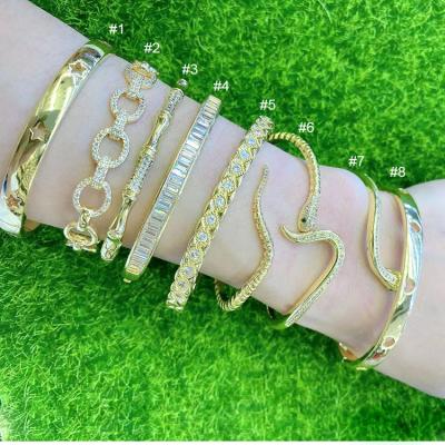 China Trendy BC2044 18K Gold Plated Brass Bangle Star Heart CZ Snake Wand Hand Cuff Bangle Bracelet for sale