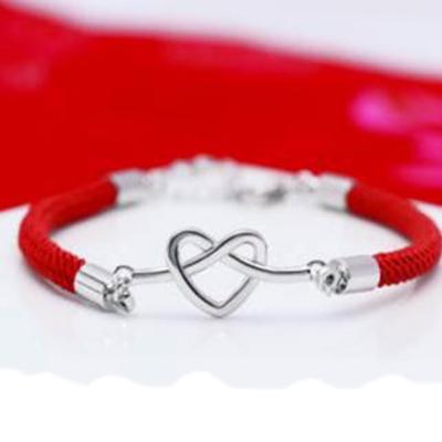 China Romantic Brass Silver Plated Bracelet Heart Shape Red Rope Bracelet BM1011 For Women for sale