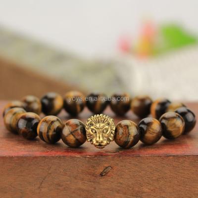 China BRS1506G Fashion Natural Gemstone Beaded Bracelet Stainless Steel Lion Head Men's Stretch Bracelet for sale