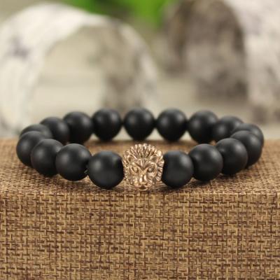 China FASHIONABLE BRS1505R Rose Gold Stainless Steel Lion Head Men's Bracelet Natural Stone Gemstone Stretch Bracelets for sale