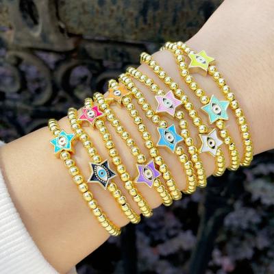 China CLASSIC BM1086 4MM Beads Gold And Enamel Multi Colored Star Shaped Evil Eyes Bead Elastic Bracelet For Ladies Women for sale