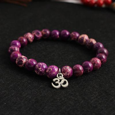 China BRT0981 Religious Natural Purple Jasper Beaded Imperial Bracelet with OM charm, yoga ohm incantation bracelets for sale