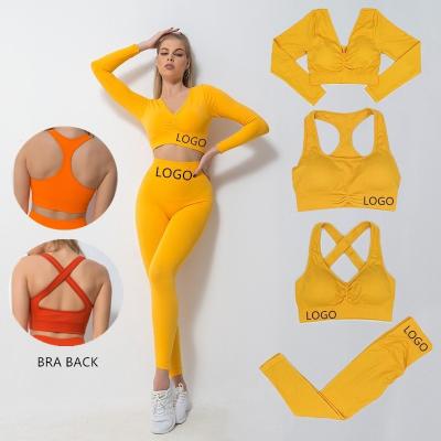 China Tik Tok Anti-UV Sporty Active Fitness 4 Piece Gym Bra Suit Wear Plus Size Long Sleeve Fitness Tracksuit Women Sport Yoga Seamless Set for sale