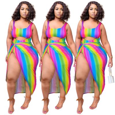 China Liu Ming Hot Selling Breathable 2021 Women Plus Size Rainbow Striped Jumpsuits Skirts 2 Piece Set for sale