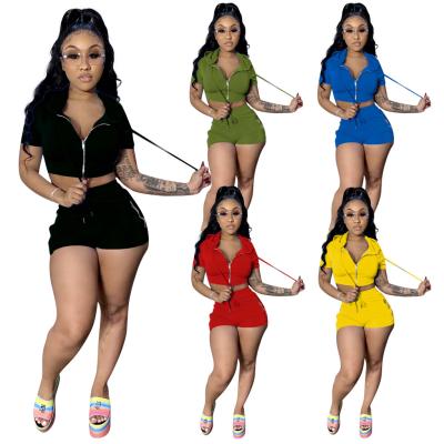 China Custom Top QUICK DRY Logo Crop Casual Tracksuits Wholesale Short Sleeve Zipper Teams Shorts 2 Piece Set for sale