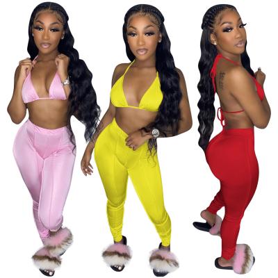 China 2021 Wholesale QUICK DRY Halter Tracksuit Women Dropshipping Gaiters Bra Top Pencil Pants Fitness Two Piece Set for sale