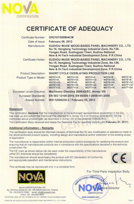 CERTIFICATE OF ADEQUACY - Suzhou Wude Wood-based Panel Machinery Co., Ltd