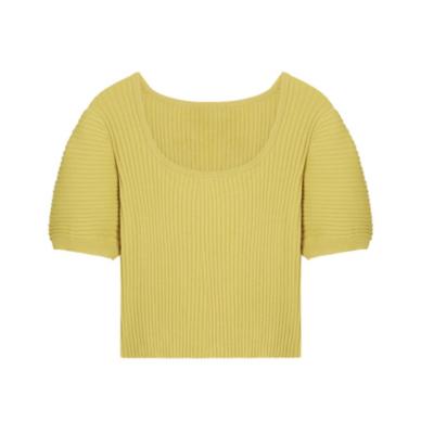 China Breathable Ladies Deep Round Neck Short Sleeve Wool-acrylic Plain Color Weave T-shirt for sale