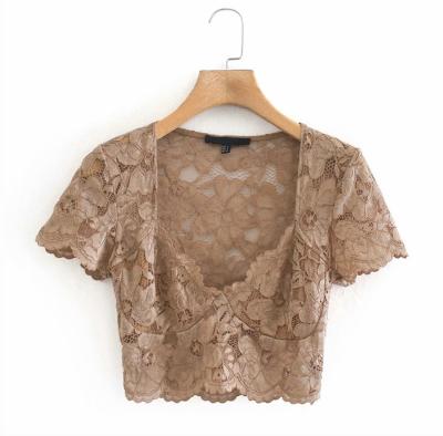 China Breathable Ladies Fashion Short Sleeve And Deep Neckline Cotton Lace Embroidery Crop Top for sale