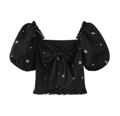 China Breathable Ladies Puff Sleeve Bow Tie Center Princess Ruffle Edge Polyester Crop Top for sale