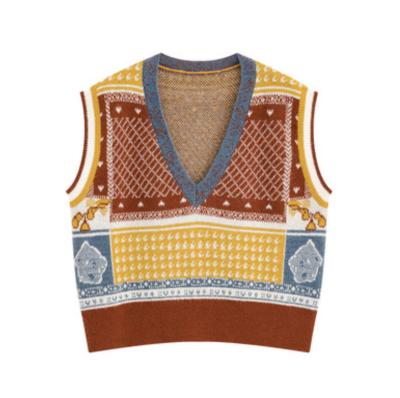 China Breathable Ladies Multi Color Knit Pattern Geometric V-neck Acrylic Yarn Vest for sale