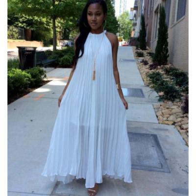 China Chiffon Viable Dress Summer Women Round Neck Fold Pleats Sleeveless Long Maxi Sling Casual Dresses for sale