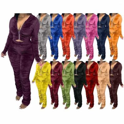 China Hot Selling Velvet Anti-pilling Crop Top Hoodie Stacked Pants Set Pleated Two Piece Sets Women 2 Piece Sets for sale