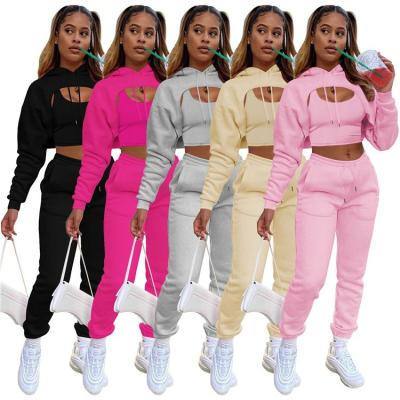 China 2021 Winter Autmn New Arrival Upper Anti-pilling Hoodie Solid Color Casual Crop Three Piece Women's Clothing 3 Piece Pants Set for sale