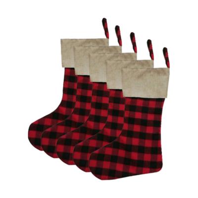 China Festival Stuff Wholesale Stocked Custom Large Sublimation Christmas Stocking Buffalo Plaid Gift Bag Holders Top For Plush Velvet Burlap Burlap for sale