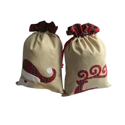 China High Quality Luxury Santa Sack Burlap Linen Festival Stuff Buffalo Plaid 50x70 Kids Cute Reindeer Christmas Santa Gift Bag for sale