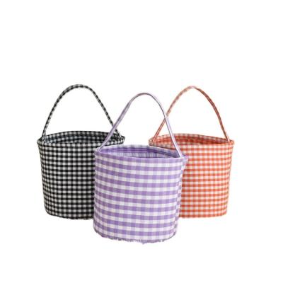 China Festival Stuff Hot Sale Plaid Green Gingham Halloween Bucket Cotton Seersucker Halloween Bucket Candy Leaf Candy Gift Leaf Lawn Kids Pumpkin Orange Tote Bag for sale