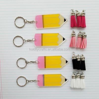 China Pencil Pattern Key Chain With Tassel Teacher Appreciation Gift Backpack Wholesale Custom Tag Acrylic Pencil Key Chain With Tassels for sale