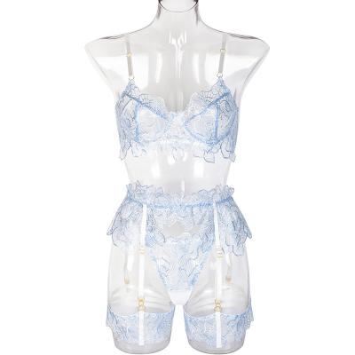 China Lace Up Embroidery Flower Lace Mesh Stitching Transparent Sexy Three Piece Set Women's Underwear for sale