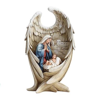 China Western Resin Nativity Figure Set of Mother Mary and Baby Jesus in Angel Wing for sale