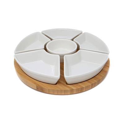 China Sustainable bamboo rotating dip set, 6 ceramic dishes for dips, snacks and appetizers for sale