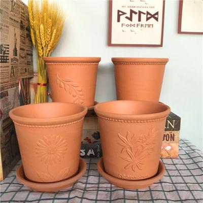 China CLASSIC Home Balcony 7 Inch Terracotta Orchid Pot With Embossed Pattern for sale