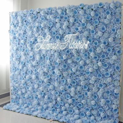 China Eco-friendly Wholesale 3D Roll Up Artificial Roses Flower Wall Wedding Artificial Silk Flower Wall Backdrop White Blue Fabric Flower Wall for sale