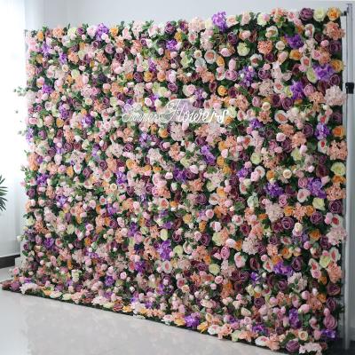 China Eco-friendly 3D/5D Artificial Silk Flower Wall For Event Party Wedding Decor Pink Purple Fake Fabric Florable Rolled Up Flower Wall Backdrop for sale