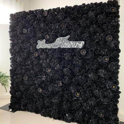 China Eco-friendly Round Wedding Event Decor Flower Mat Backdrop Back Drop Fabric Black Roll Up Artificial Flowers Wall Background for sale