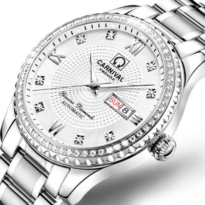 China Top quality clean brand carnival luxury rhinestone automatic date inlayed stainless steel case luminous men watch for sale