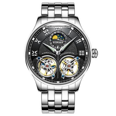 China 2019 Automatic Mechanical Men's Twin Stainless Steel Moon-Phase Tourbillon Date Brand Binger Automatic Wristwatches With Gift Boxes for sale