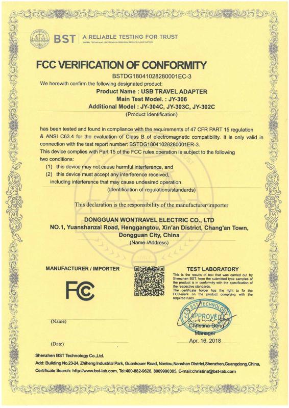 FCC - Dongguan Wontravel Electric Co., Ltd.