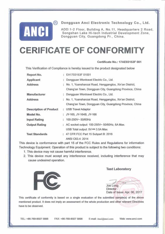 FCC - Dongguan Wontravel Electric Co., Ltd.